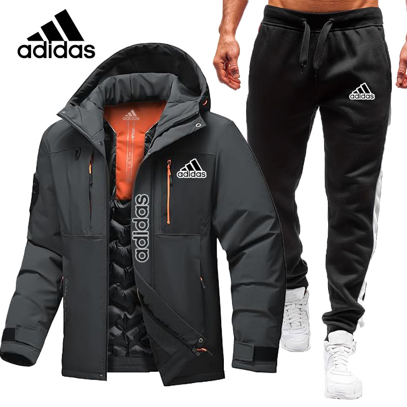 Nowa męska ciepła, wodoodporna, wiatroszczelna kurtka Adidas z kapturem, ciepła i lekka, zimowa kurtka śnieżna + spodnie