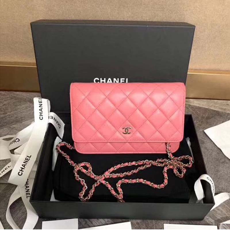 Chanel Women Wallet On Chain Flap Bag in Goatskin Leather-Pink
