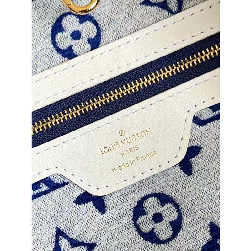 Louis Vuitton Women Neverfull MM Tote Blue Monogram Jacquard Velvet Cowhide Leather