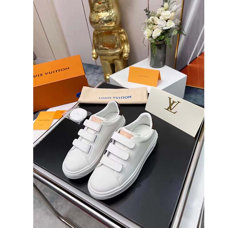 Louis Vuitton LV Unisex Time Out Sneaker White Calf Leather Monogram Canvas