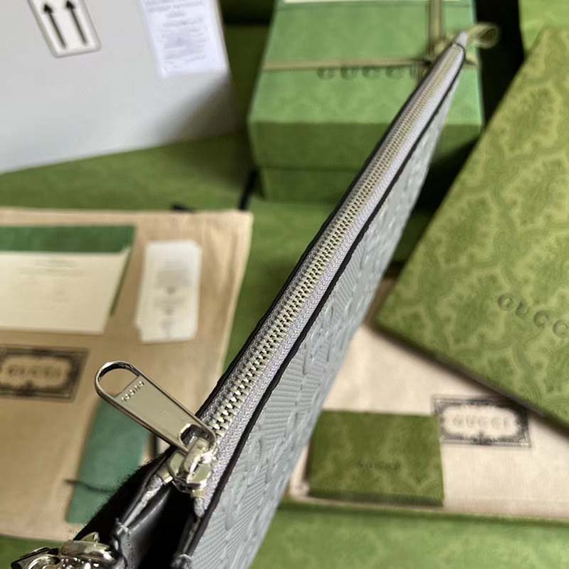 Gucci Unisex GG Embossed Medium Messenger Bag Grey Leather