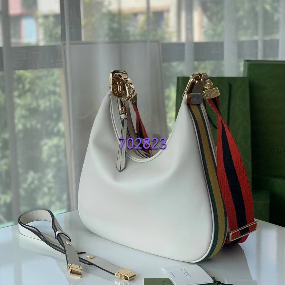 Gucci Women GG Attache Large Shoulder Bag White Leather Green Yellow Web