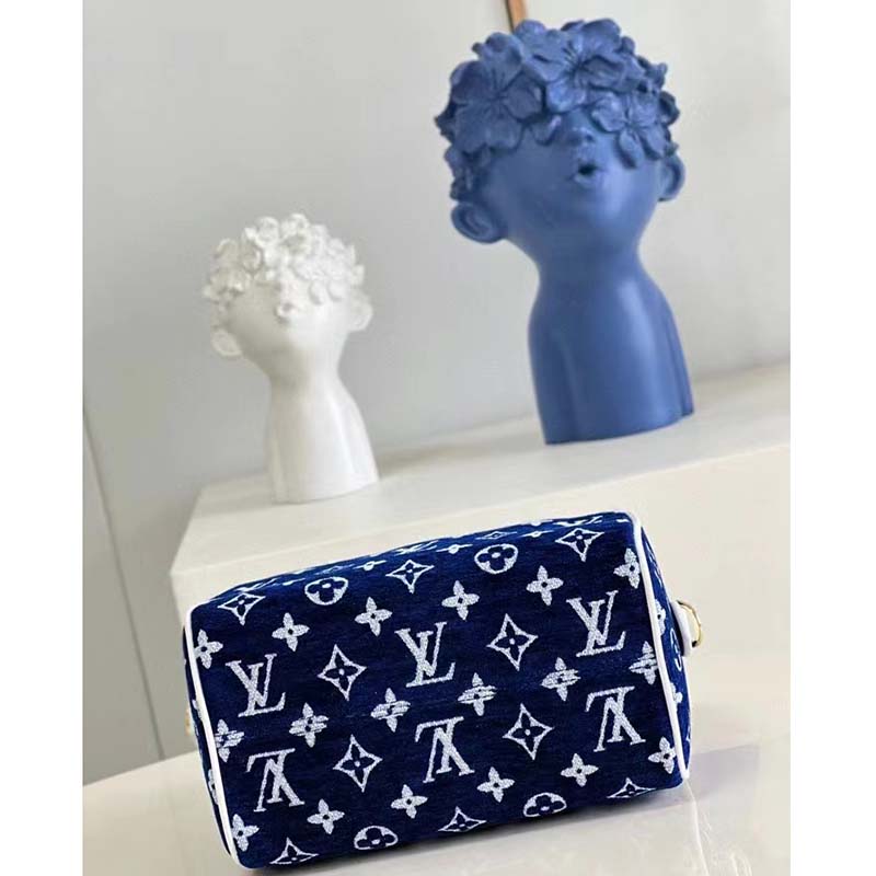 Louis Vuitton Women Speedy Bandouliere 20 Bag Blue Monogram Jacquard Velvet Cowhide