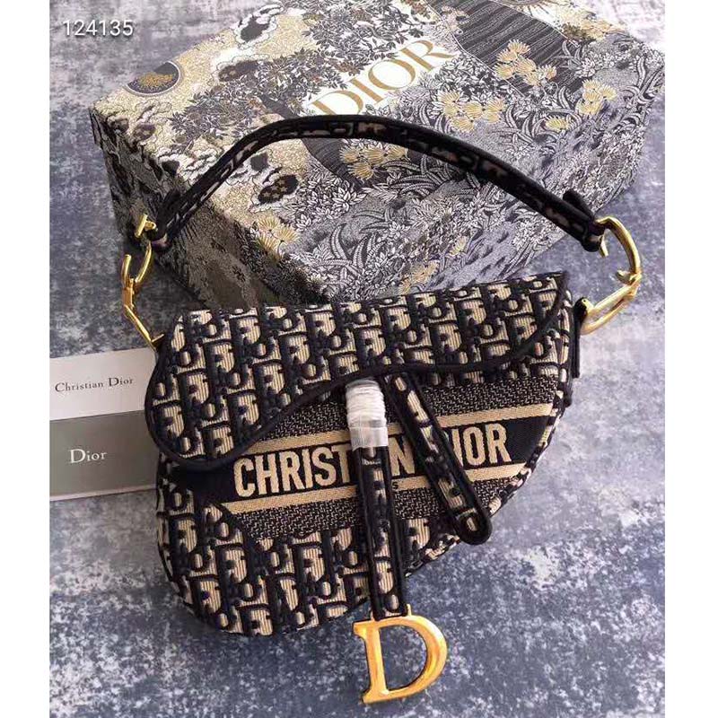 Dior Women Saddle Bag Blue Dior Oblique Embroidery ‘CD’ Structure
