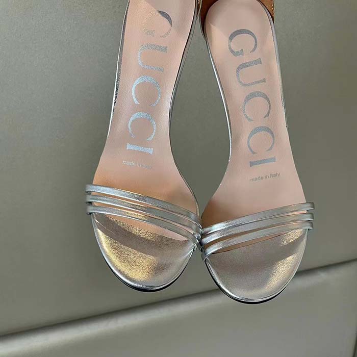 Gucci Women GG High Heeled Metallic Sandal Silver Leather Ankle Strap Metal Double G Buckle Crystals