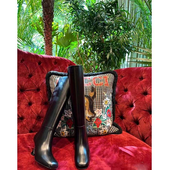 Gucci Women GG Boot Black Leather Geometric Heel Metal Inserts Mid-Heel