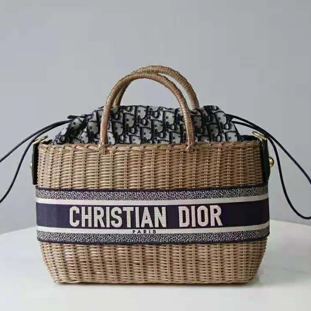 Dior Women Dior Wicker Basket Bag Blue Dior Oblique Jacquard and Natural Wicker