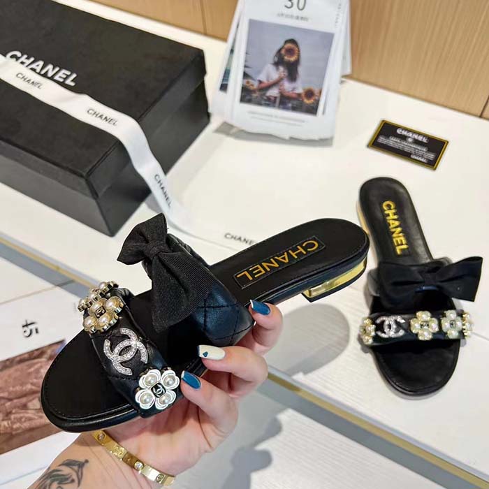 Chanel Women Mules Lambskin Black White 1.5 Cm Heel