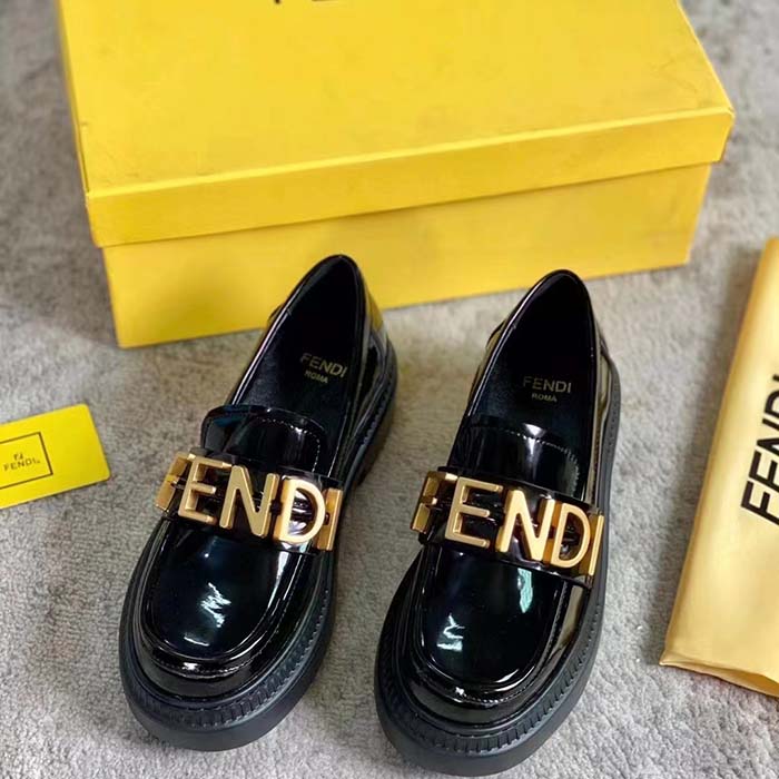 Fendi Women FF Fendigraphy Black Leather Loafers 5 Cm Heel