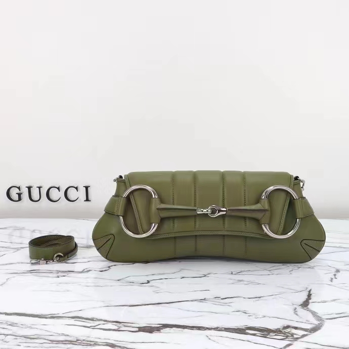 Gucci Women Horsebit Chain Medium Shoulder Bag Green Quilted Leather Maxi Horsebit