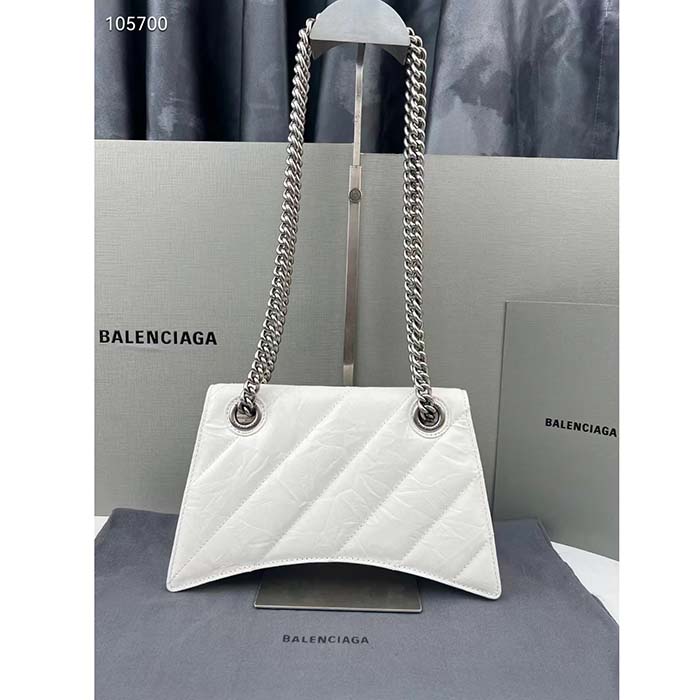 Balenciaga Women Crush Small Chain Bag Quilted White Crushed Calfskin Aged-Silver Hardware