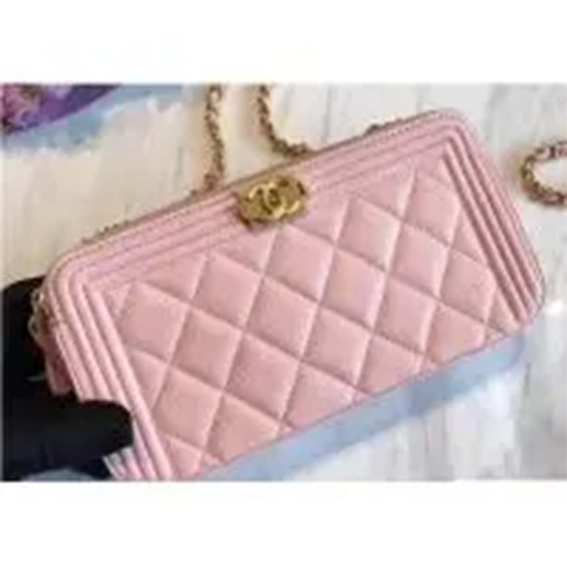 Chanel Women Boy Chanel Pink Long Zipped Wallet Grained Calfskin Leather