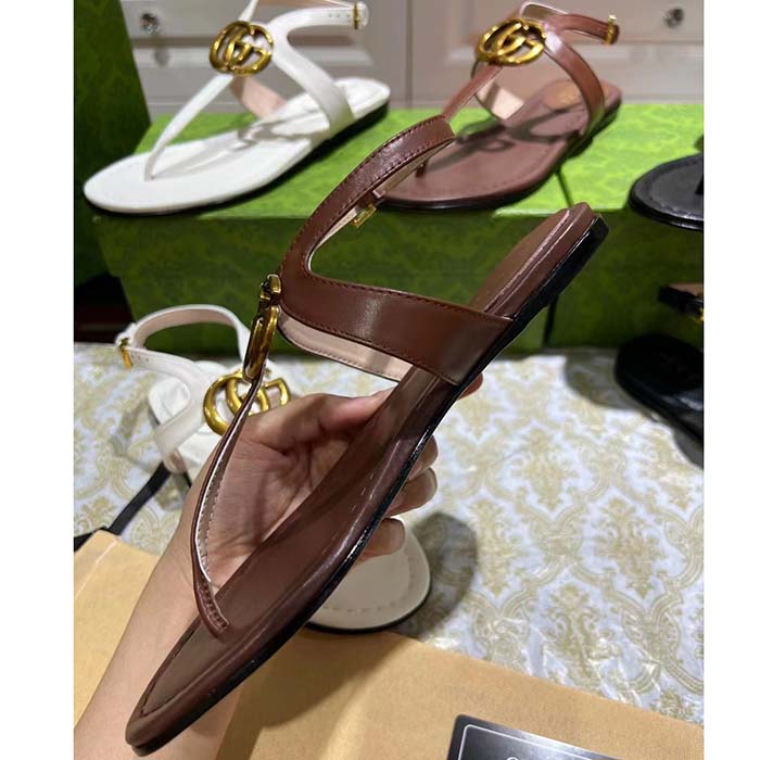 Gucci Women GG Double G Thong Sandal Brown Leather Flat 0.5 CM Heel