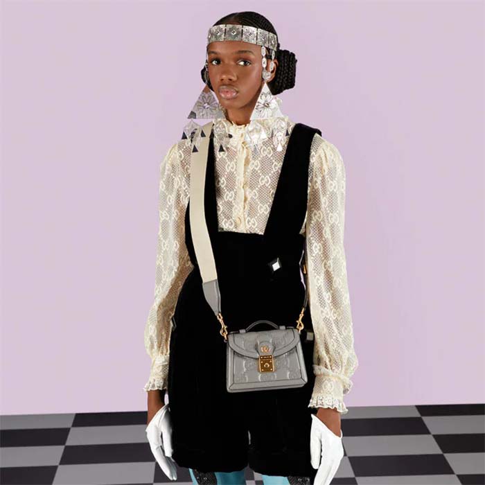 Gucci Women GG Matelassé Small Top Handle Bag Dusty Grey Leather Double G