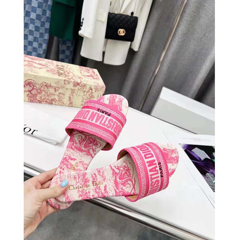 Dior Unisex CD Dway Slide Pink Toile De Jouy Embroidered Cotton