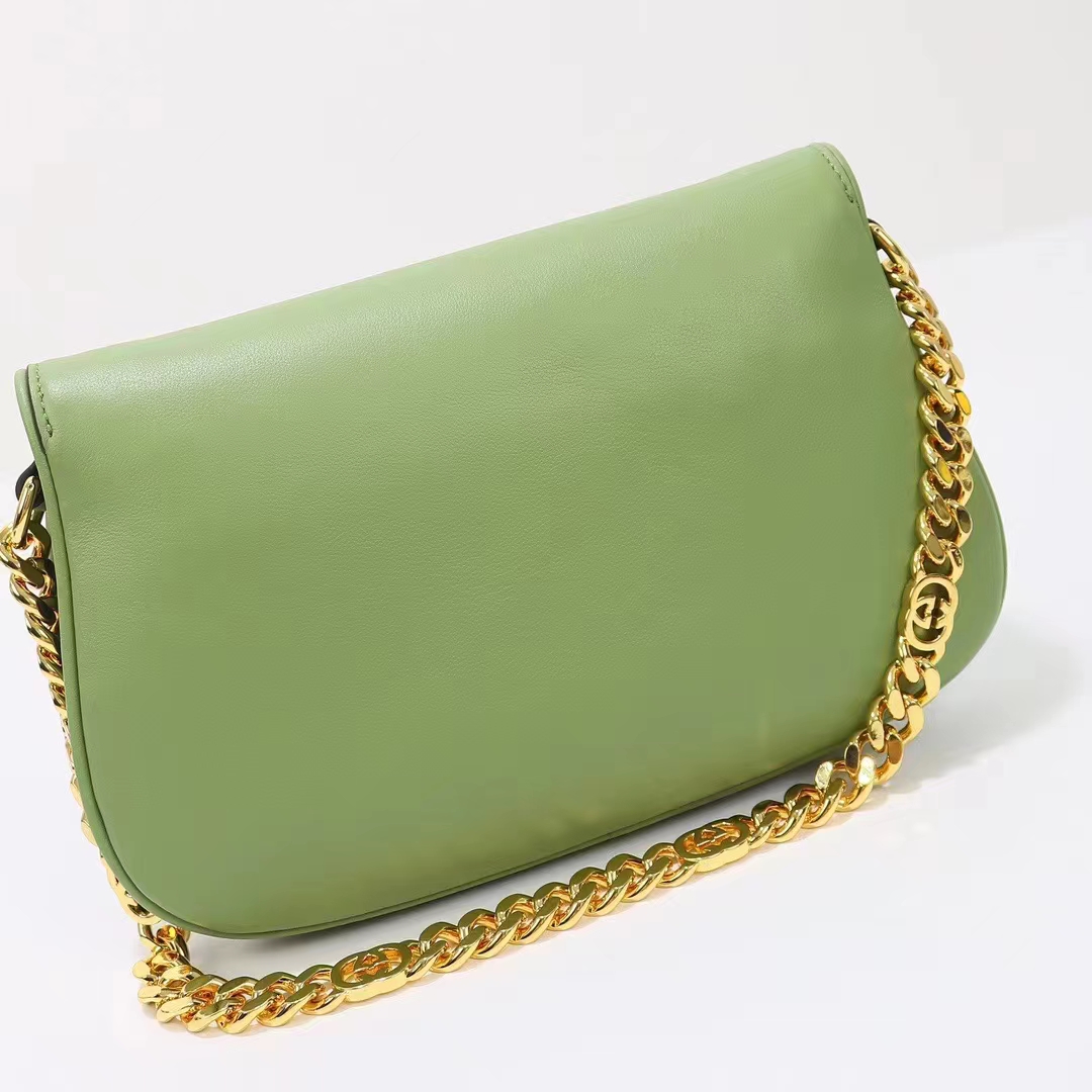 Gucci Women GG Blondie Shoulder Bag Green Leather Round Interlocking G