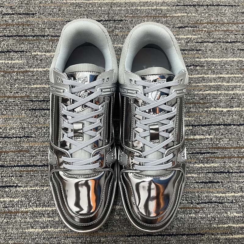 Louis Vuitton Unisex LV Trainer Sneaker Silver Metallic Canvas Rubber Outsole Monogram Flowers