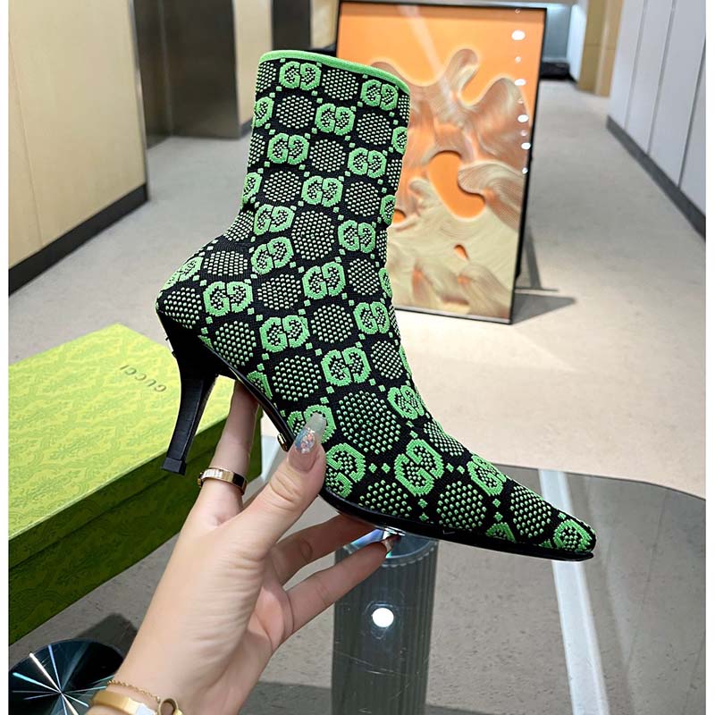 Gucci Women GG Knit Ankle Boots Black Green GG Technical Fabric Leather Mid-Heel