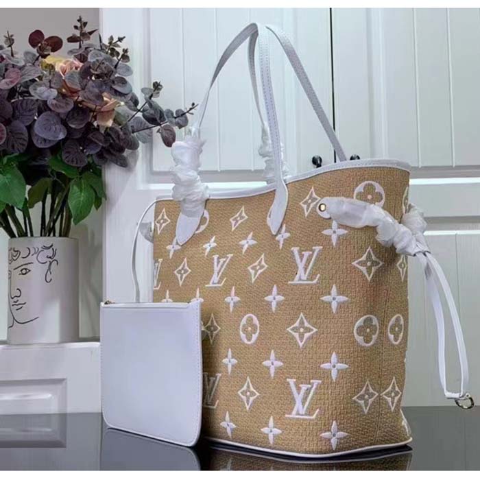 Louis Vuitton LV Unisex Neverfull MM Beige Lotus Cotton Cowhide Leather