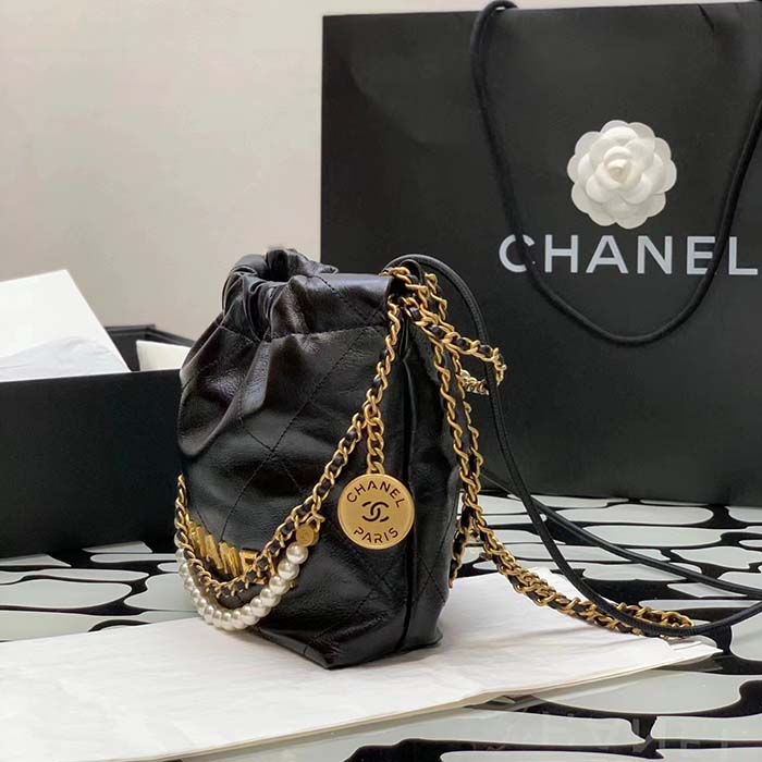 Chanel Women CC 22 Mini Handbag Shiny Crumpled Calfskin Gold-Tone Metal Black