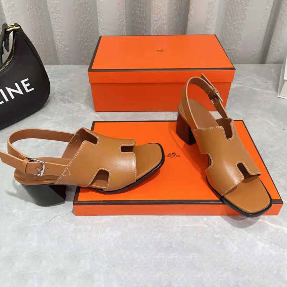 Hermes Women Elbe 60 Sandal in Calfskin with H Cut-Out Detail-Brown