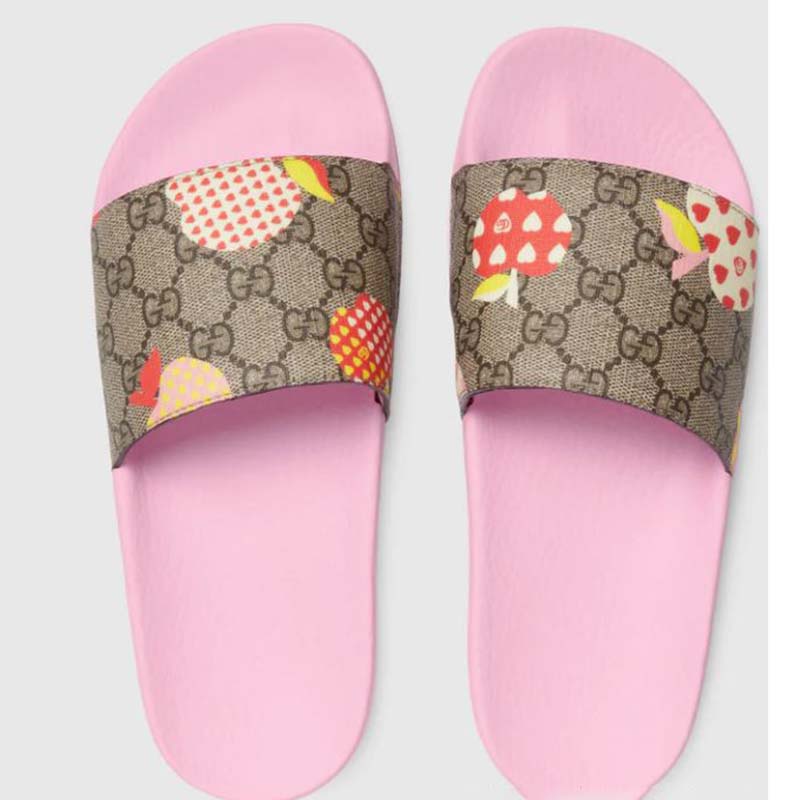 Gucci GG Unisex Gucci Les Pommes Slide Sandal Beige and Ebony GG Supreme Canvas