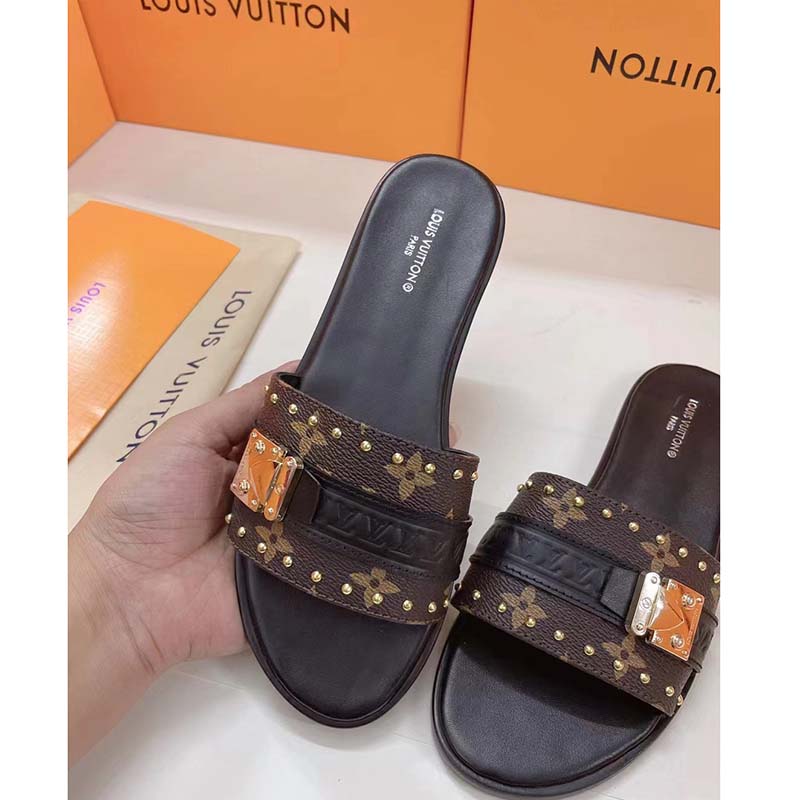 Louis Vuitton LV Women Lock It Flat Mule Black Patent Monogram Canvas