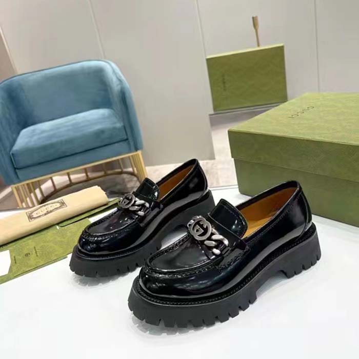 Gucci Unisex GG Loafer Interlocking G Black Leather Rubber Lug Mid 4.3 CM Heel