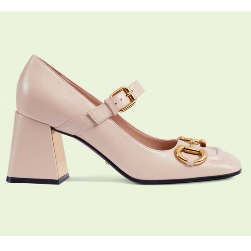 Gucci GG Women’s Mid-Heel Pump With Horsebit Light Pink Leather