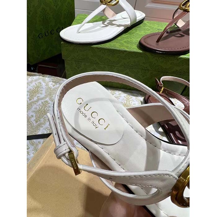 Gucci Women GG Double G Thong Sandal White Leather Flat 0.5 CM Heel