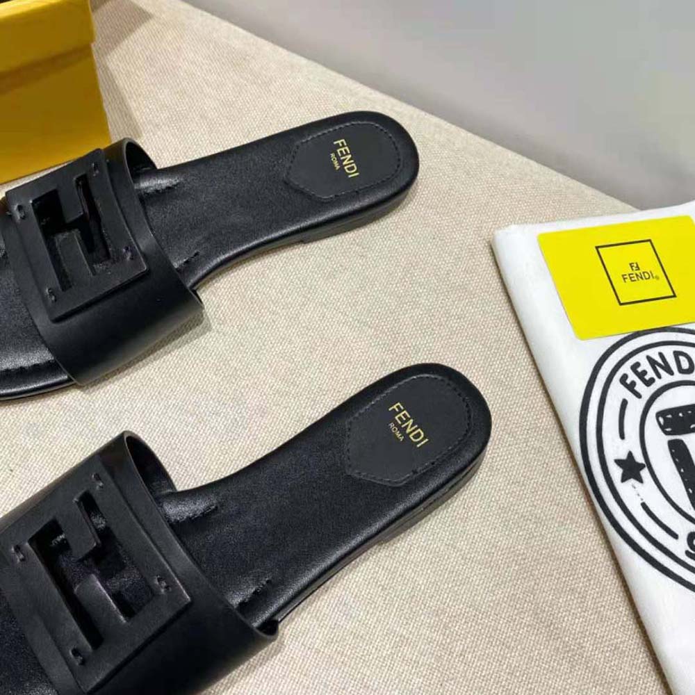 Fendi Women Signature Black Leather Slides in 0.4 inches Heel Height