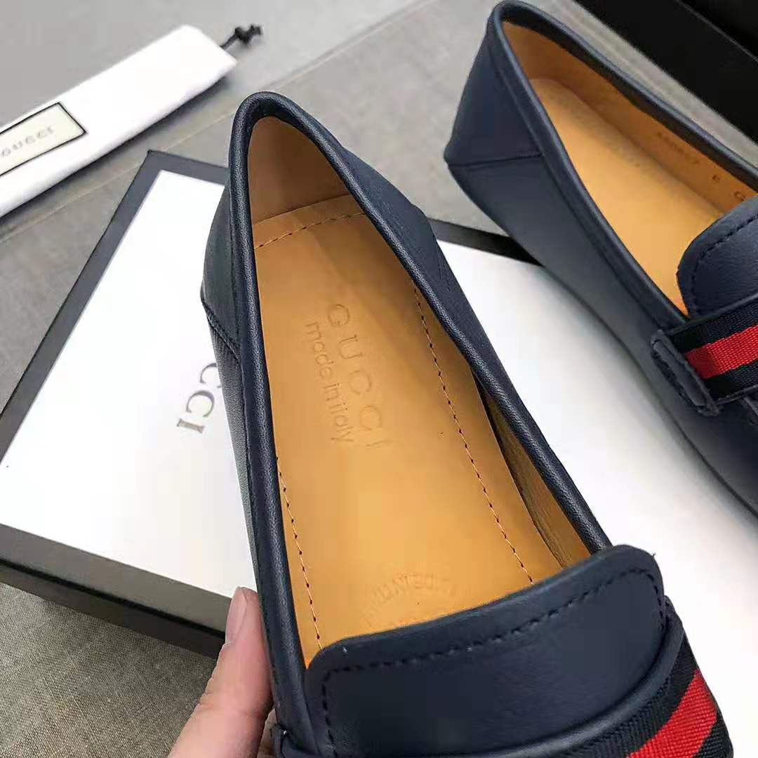 Gucci Men Leather Driver with Web-Navy