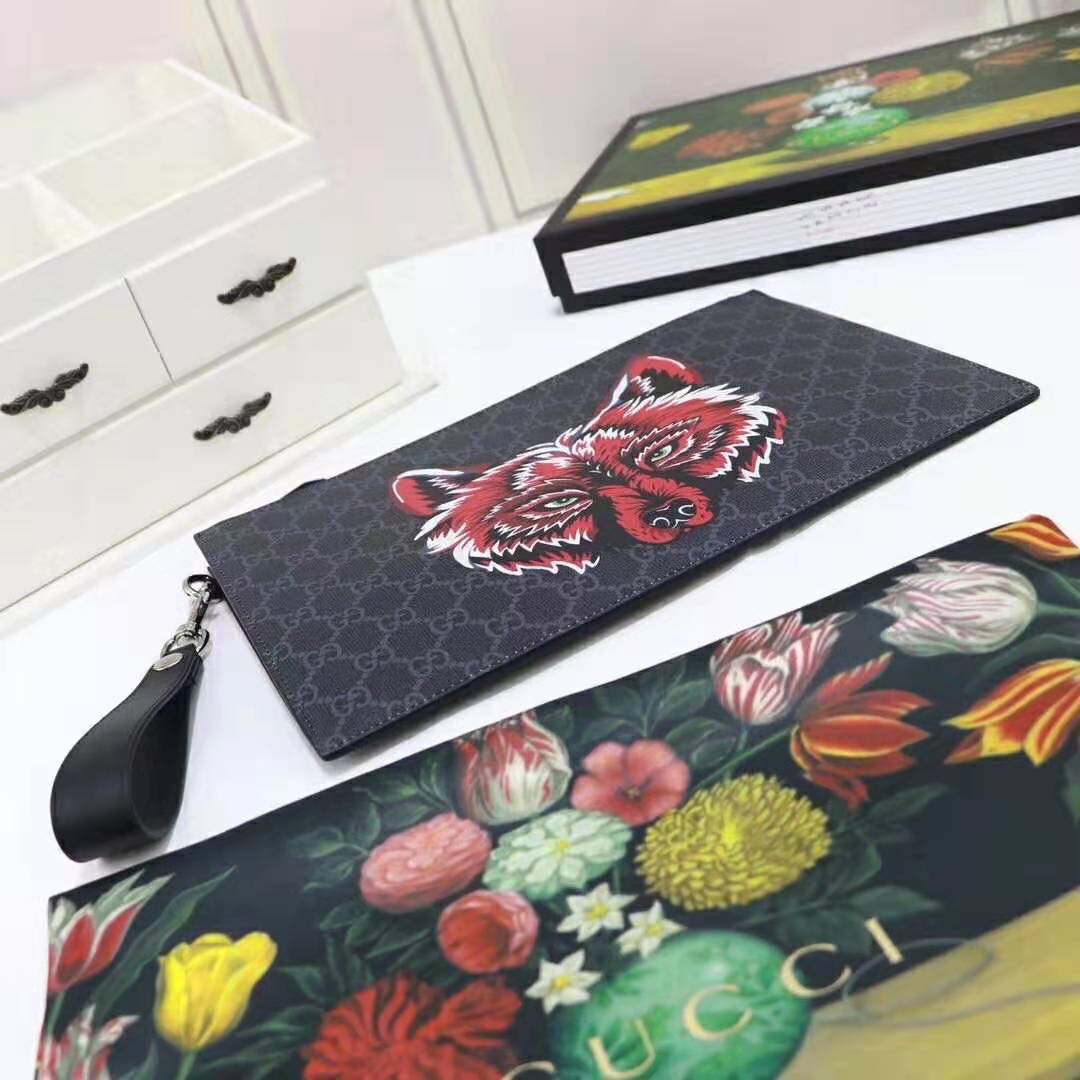 Gucci GG Men Gucci Bestiary Pouch with Wolf in Black and Grey GG Supreme Canvas