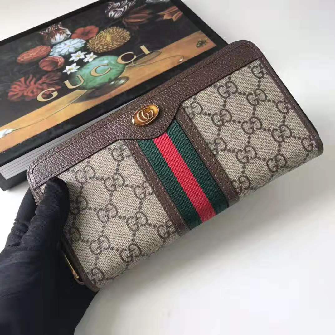 Gucci GG Unisex Ophidia GG Zip Around Wallet in Beige/Ebony GG Supreme Canvas