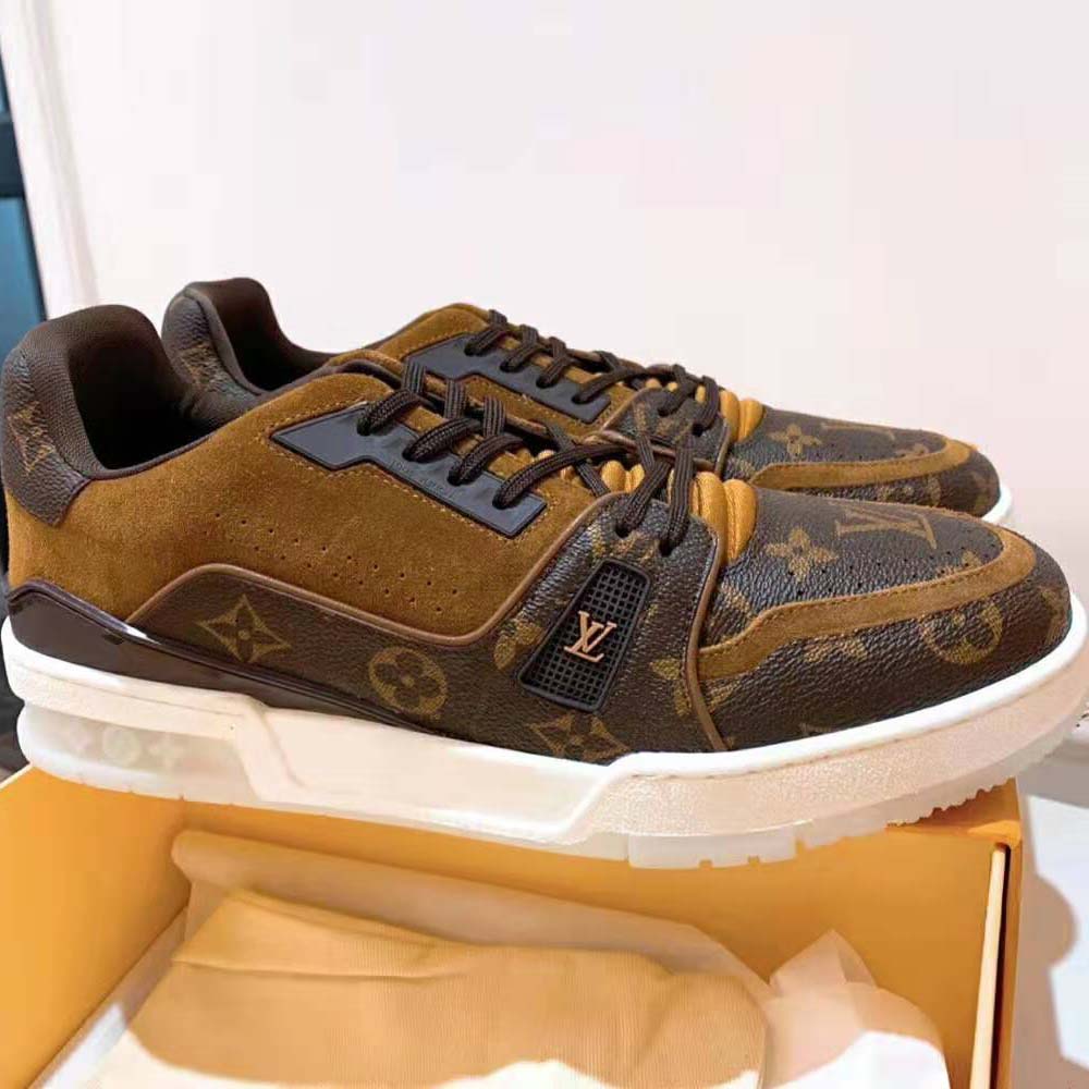 Louis Vuitton LV Unisex LV Trainer Sneaker in Monogram Canvas and Suede Calf Leather-Brown