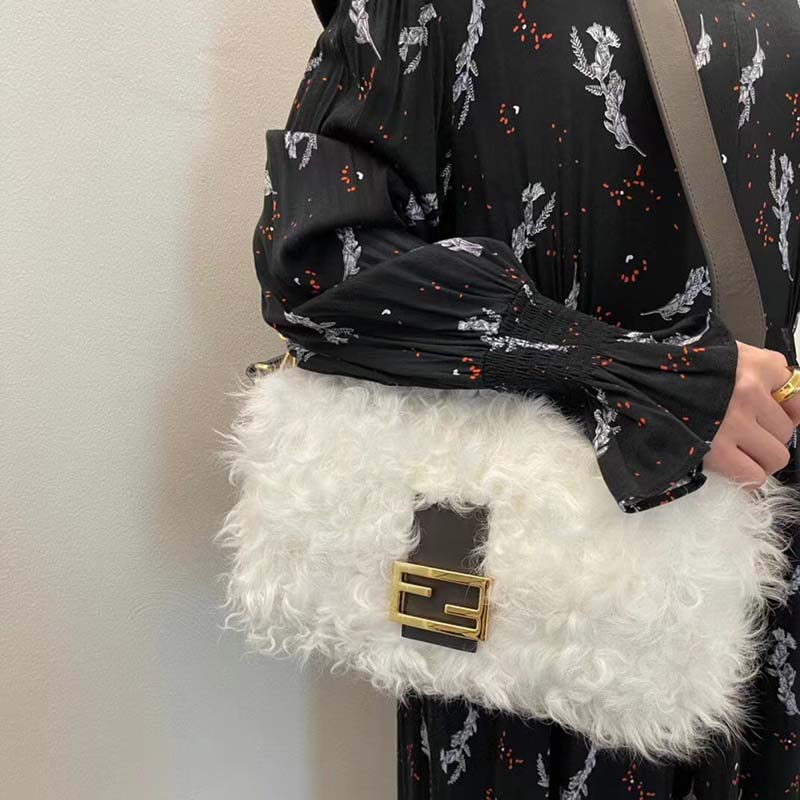 Fendi Women FF Baguette Brooch White Mohair Wool Bag