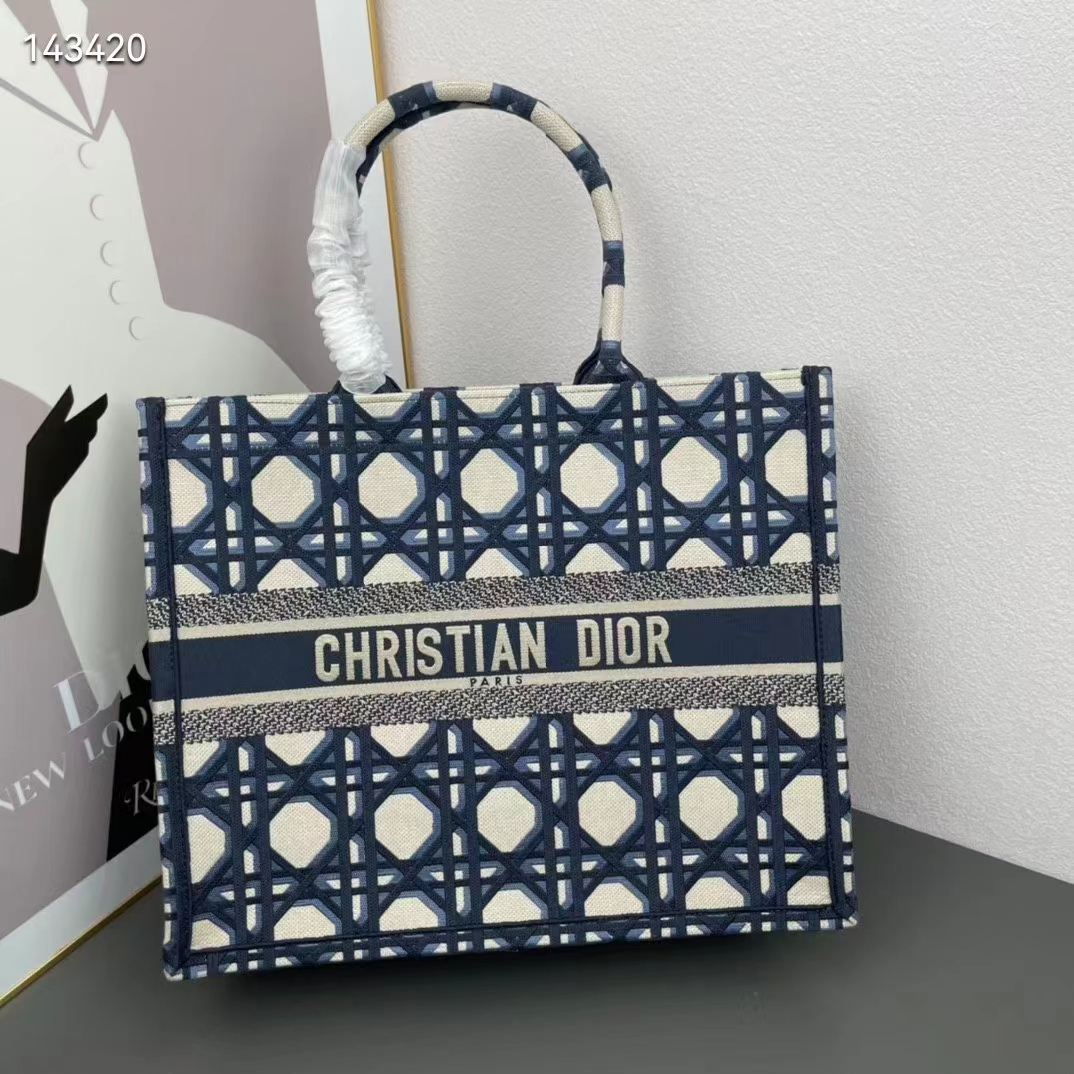 Dior Unisex CD Large Dior Book Tote Beige Blue Macrocannage Embroidery