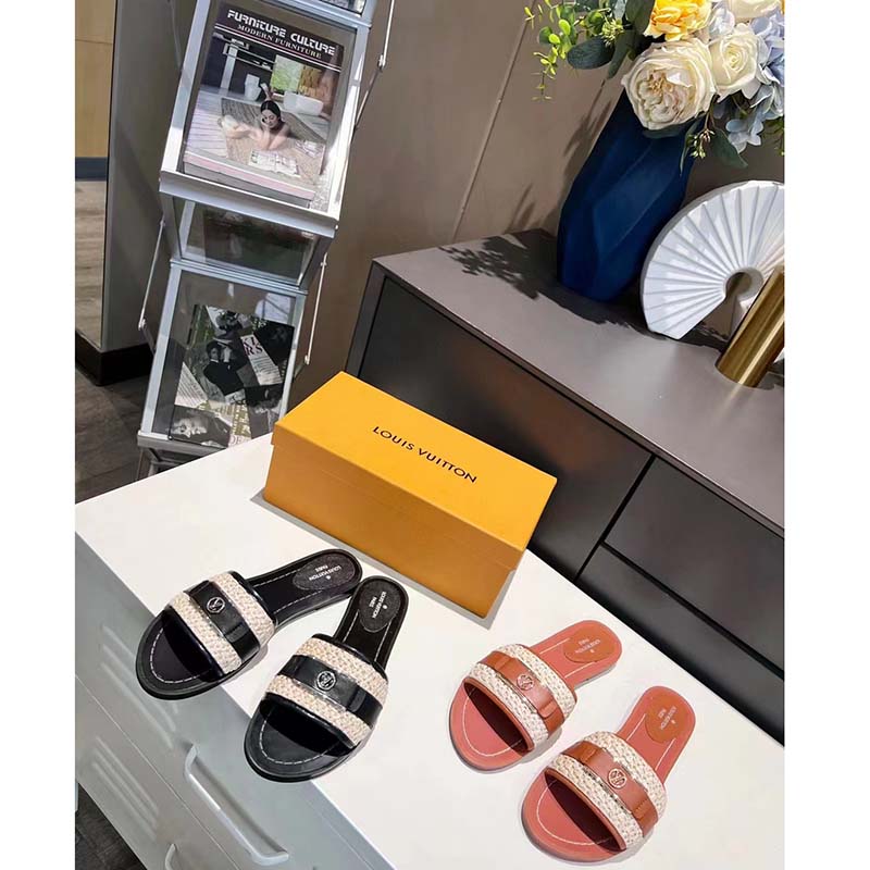 Louis Vuitton LV Women Lock It Flat Mule Black Raffia Calf Leather