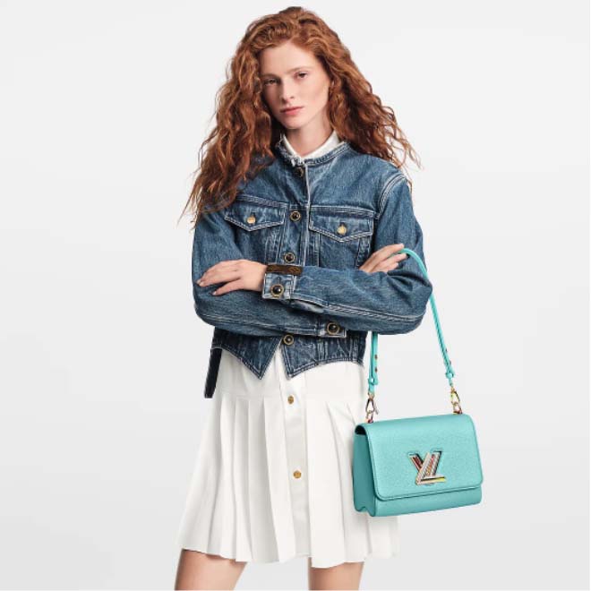 Louis Vuitton LV Women Twist MM Handbag Blue Grained Calfskin Leather