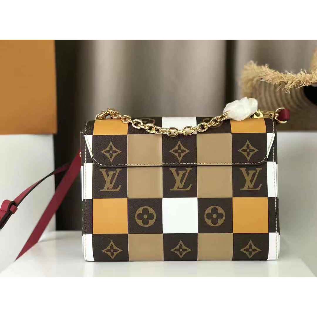 Louis Vuitton LV Women Twist MM Handbag in Smooth Cowhide and Monogram Coated Canvas
