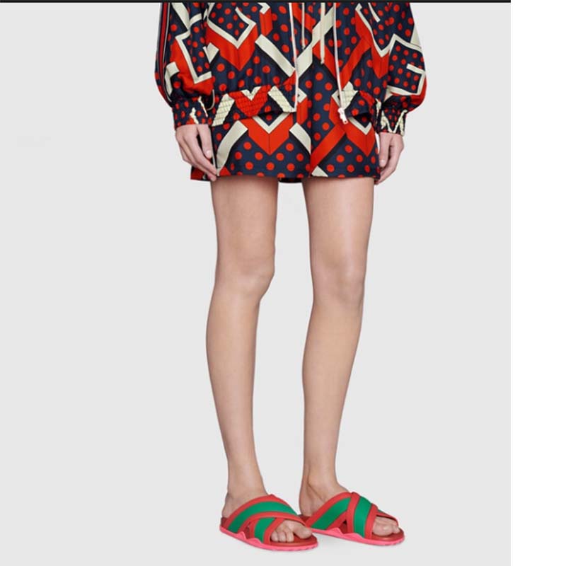 Gucci Women Web Slide Sandal Green Red Rubber Web Straps Rubber Sole Flat
