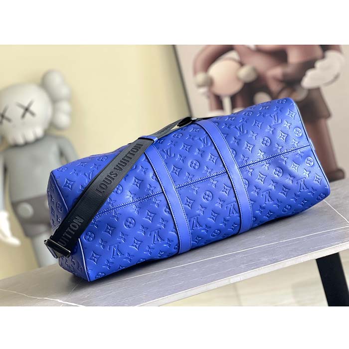 Louis Vuitton LV Unisex Keepall Bandoulière 50 Racing Blue Embossed Taurillon Monogram Cowhide Leather