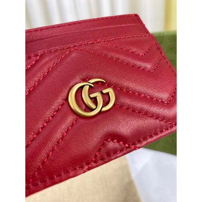 Gucci Unisex GG Marmont Matelassé Card Case Red Chevron Leather Double G