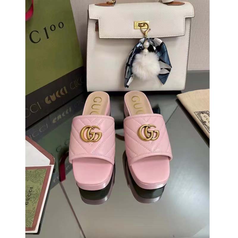 Gucci Women Double G Slide Sandal Rose Pink Chevron Matelassé Leather Mid-Heel