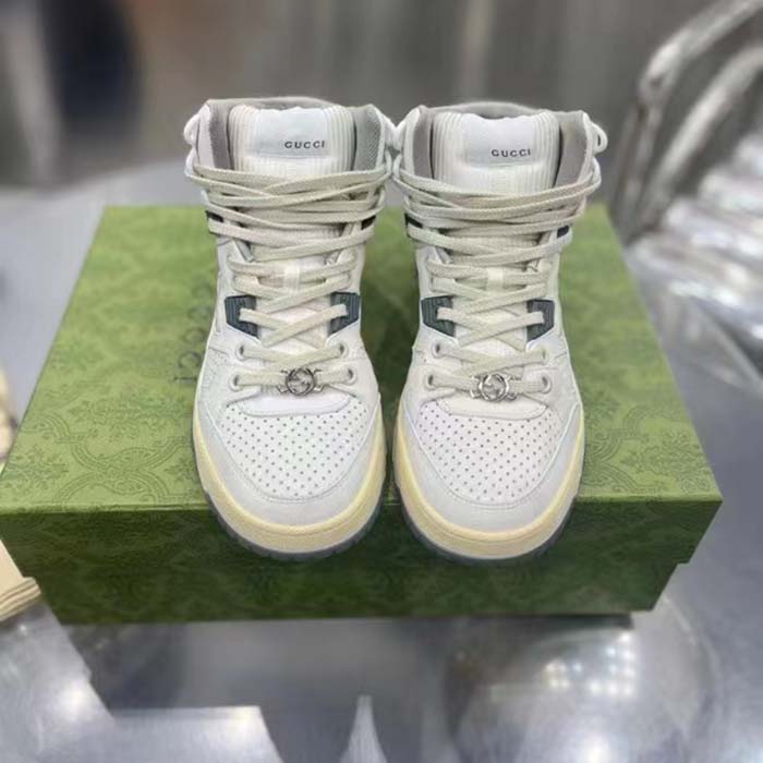 Gucci Unisex High Top Distressed Effect. Sneaker Off White Leather Interlocking G Rubber Flat