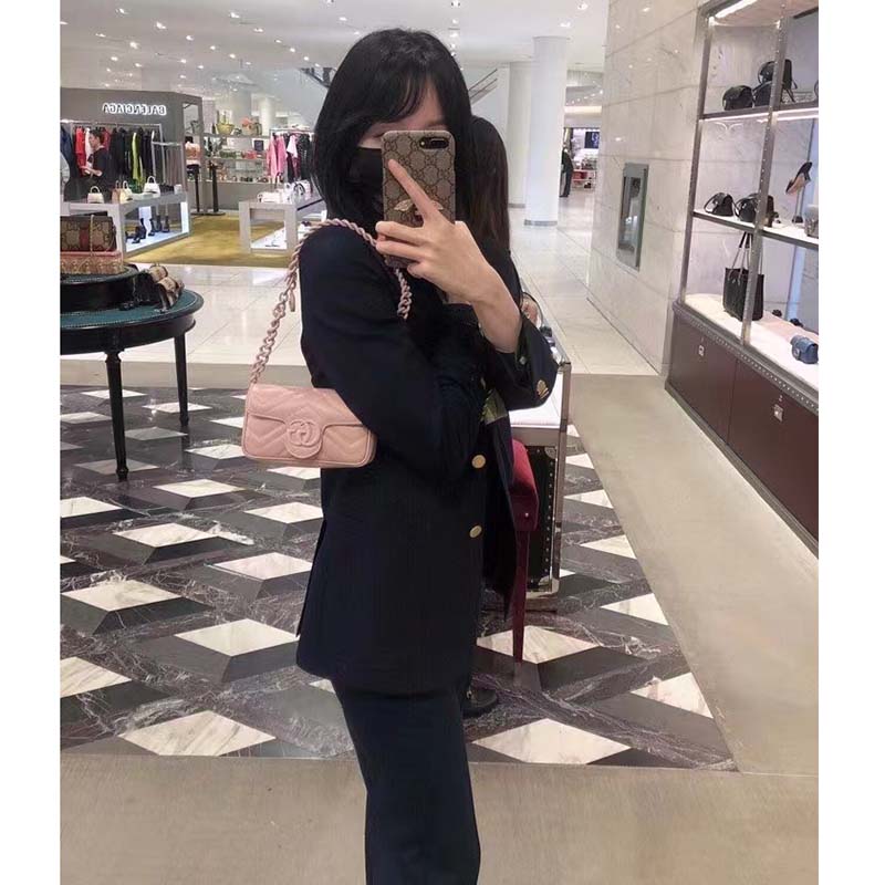 Gucci Women GG Marmont Belt Bag Pink Chevron Matelassé Leather Double G