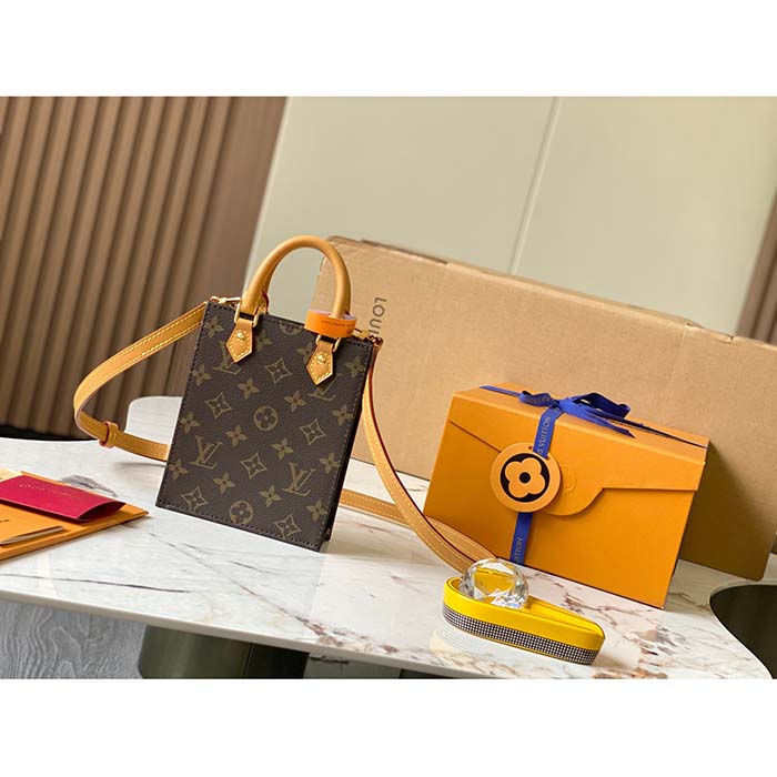 Louis Vuitton LV Unisex Petit Sac Plat Bag Monogram Coated Canvas Aged Natural Cowhide Leather