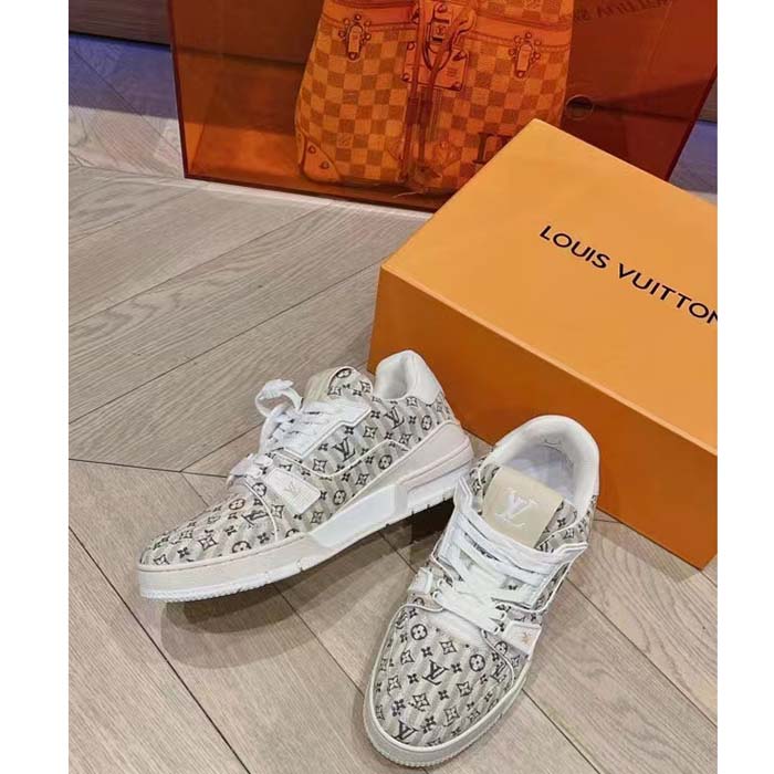 Louis Vuitton Unisex LV Trainer Sneaker Beige Monogram Textile Rubber Outsole Initials