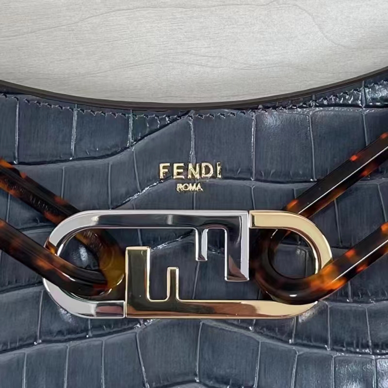 Fendi Women FF O’Lock Swing Dark Blue Crocodile Leather Pouch