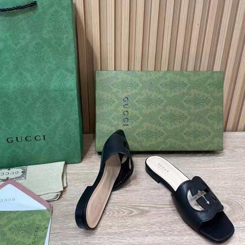 Gucci Women Interlocking G Cut Out Slide Sandal Black Leather Flat